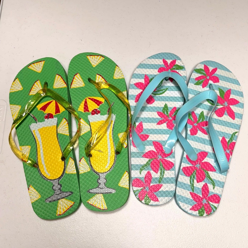 2 Pair Bundle Tropical Floral Cocktail Flip Flops Sandals Green Blue Women M 7-8